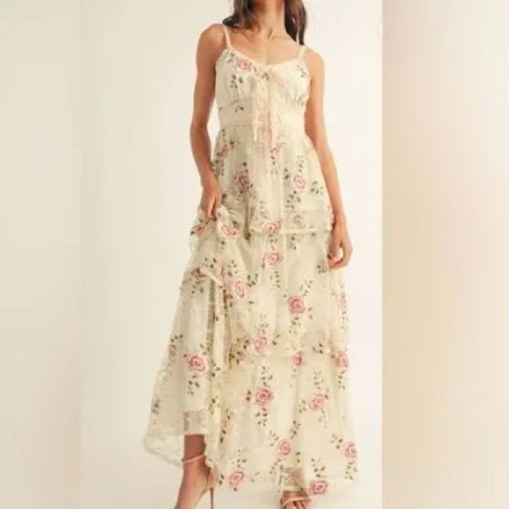 Just Me Floral Lace-Trim Maxi Dress in Cream with Pink Rose Print S